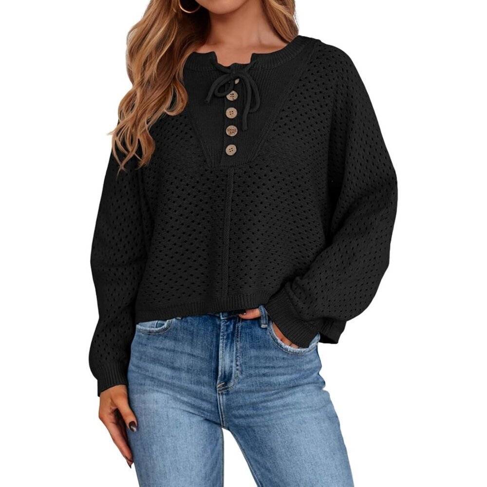 Womens Crochet Button Sweater Batwing Long Sleeve Henley Knit Top Casual